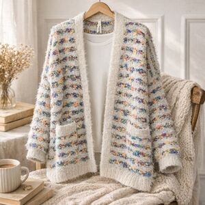 Dreamers Rainbow Stripe Fuzzy Cardigan Open Front Cozy Sweater M/L